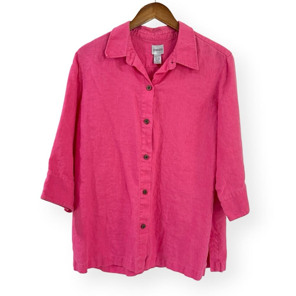 Chico’s 100% Linen Button Up Shirt 2 Large 12 Pink 3/4 Sleeve Blouse Top Coastal